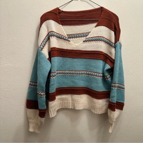 Shein Teal Cream & Rust Sweater Small - Picture 1 of 5